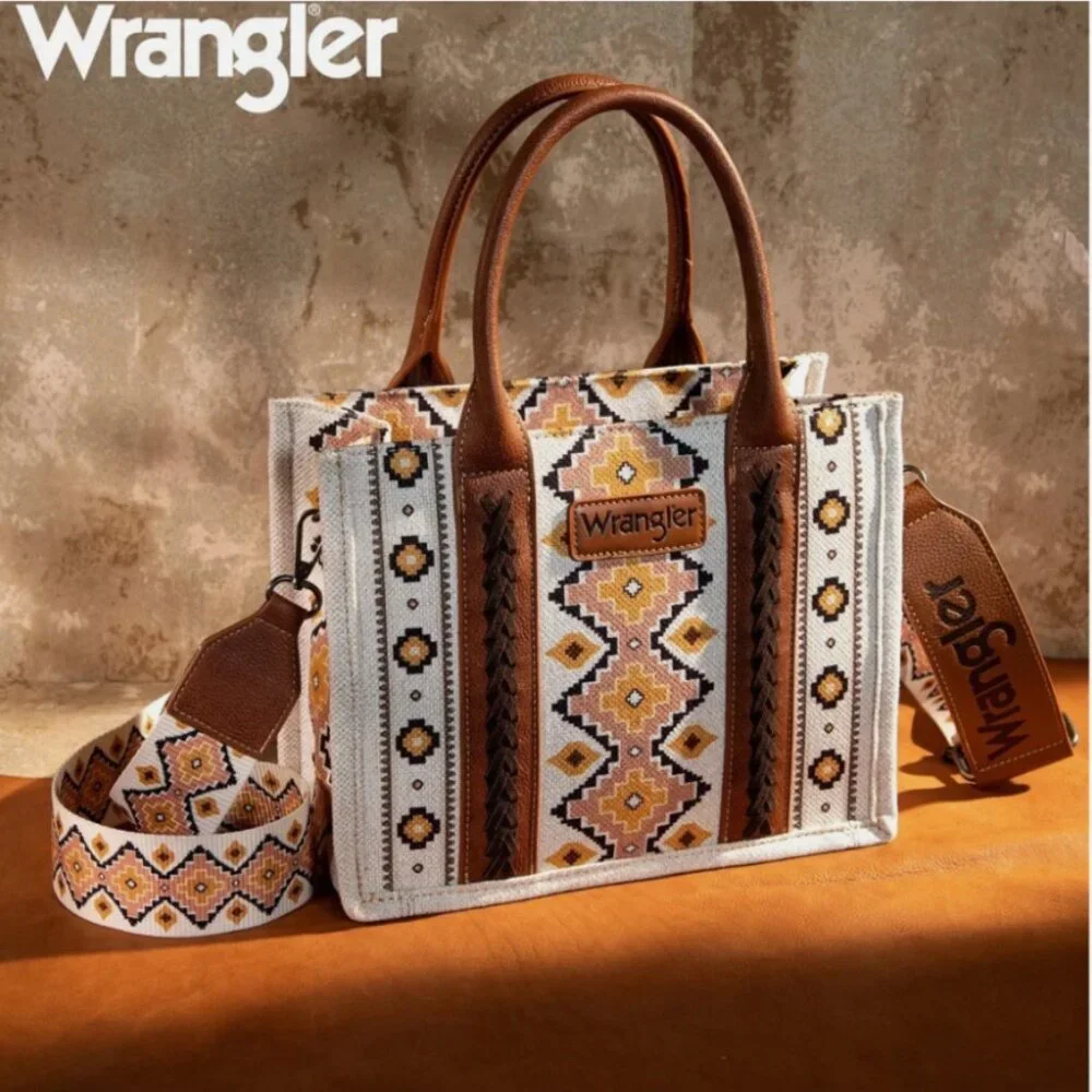 New‎ Wrangler Aztec Canvas Tote Crossbody Bag Coffee Brown Southwestern Purse